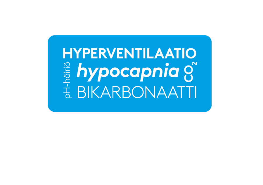 Sininen suorakulmainen logo, jossa teksti HYPERVENTILAATIO, hypokapnia ja BIKARBONAATTI valkoinen tausta.